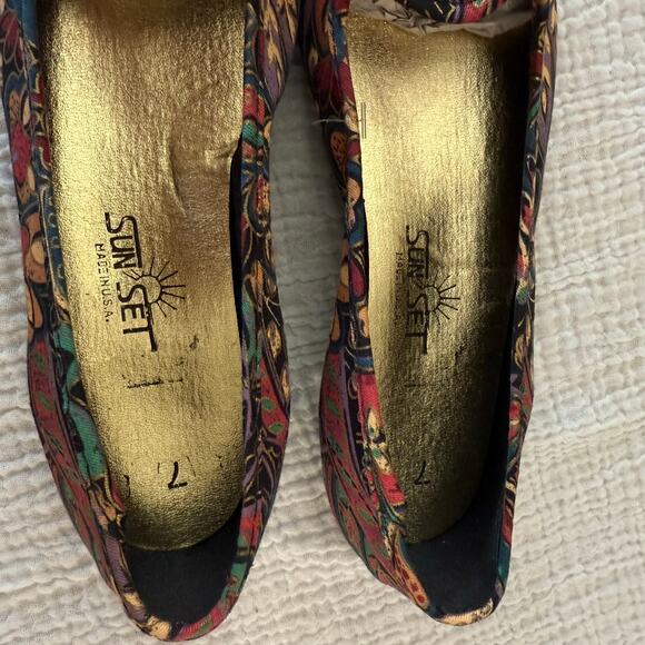 Vintage 80s 90s Ballet Flats Size 7 Canvas Fabric Paisley Jewel Gold New - Picture 9 of 10